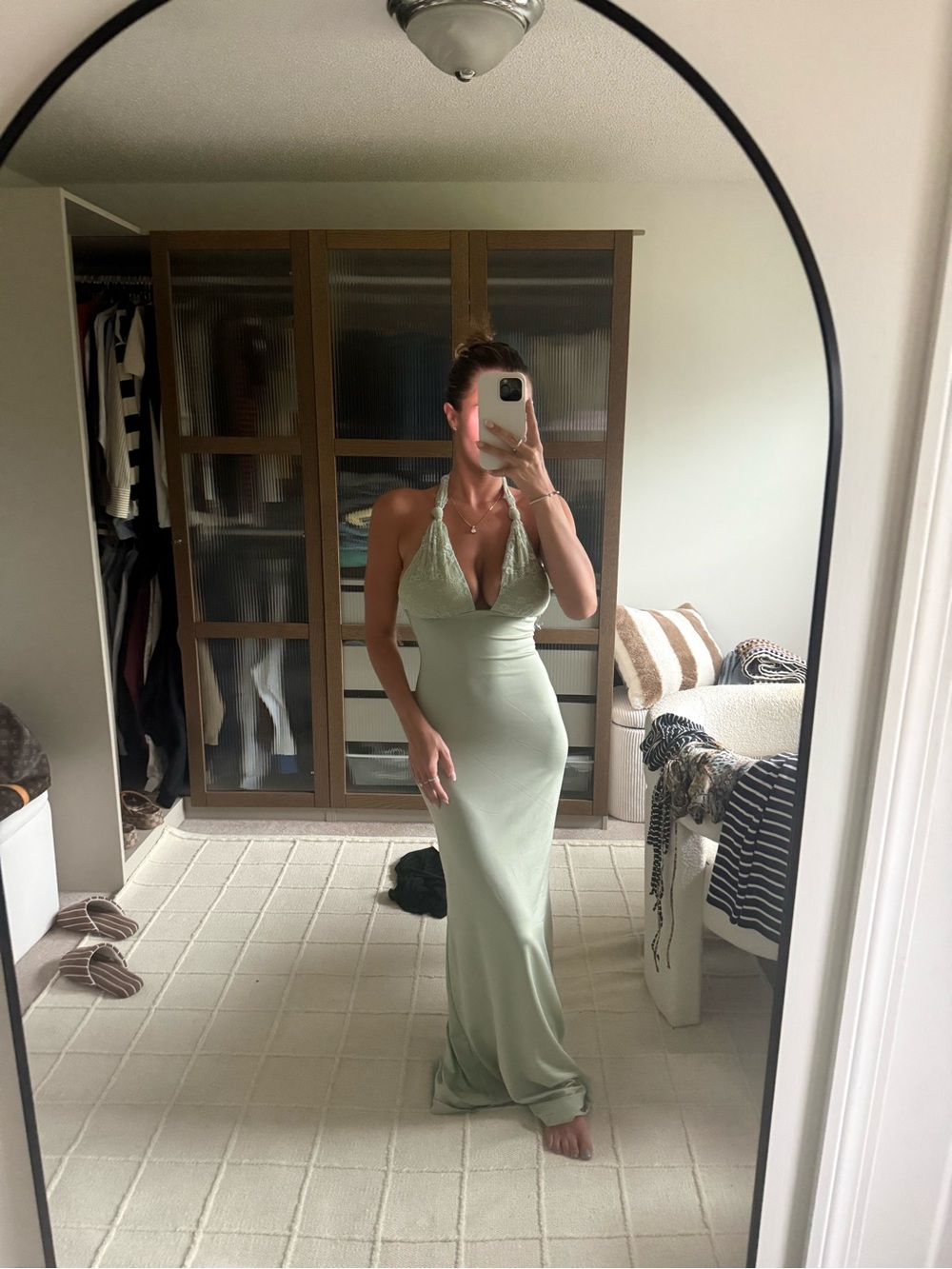 Peppermayo Sage Halter Maxi Dress with Lace Trim